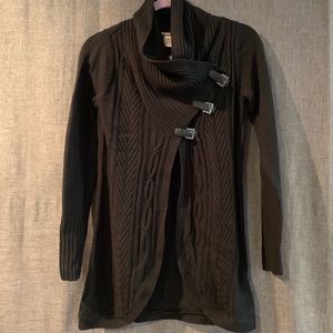 Black Cowl Neck Buckle/Snap Front Open Cardigan